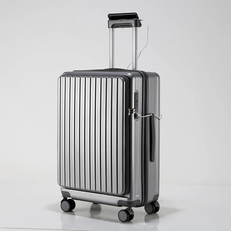 New ABS PC front-opening 20-inch business suitcase in dark night black with universal wheels