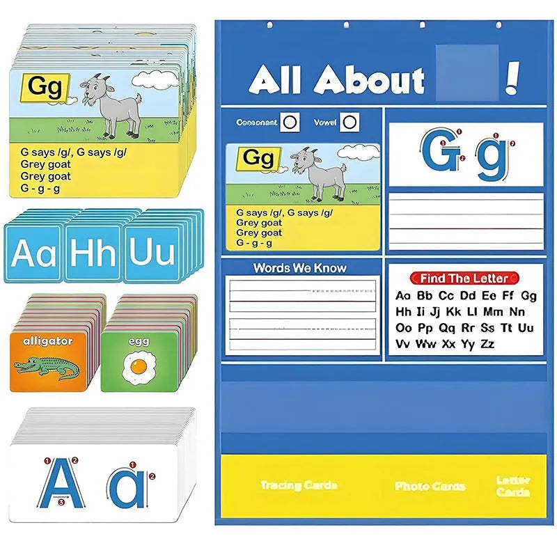 Child using large blue alphabet learning chart with picture and word cards on a wipe-clean 60x40cm surface.
