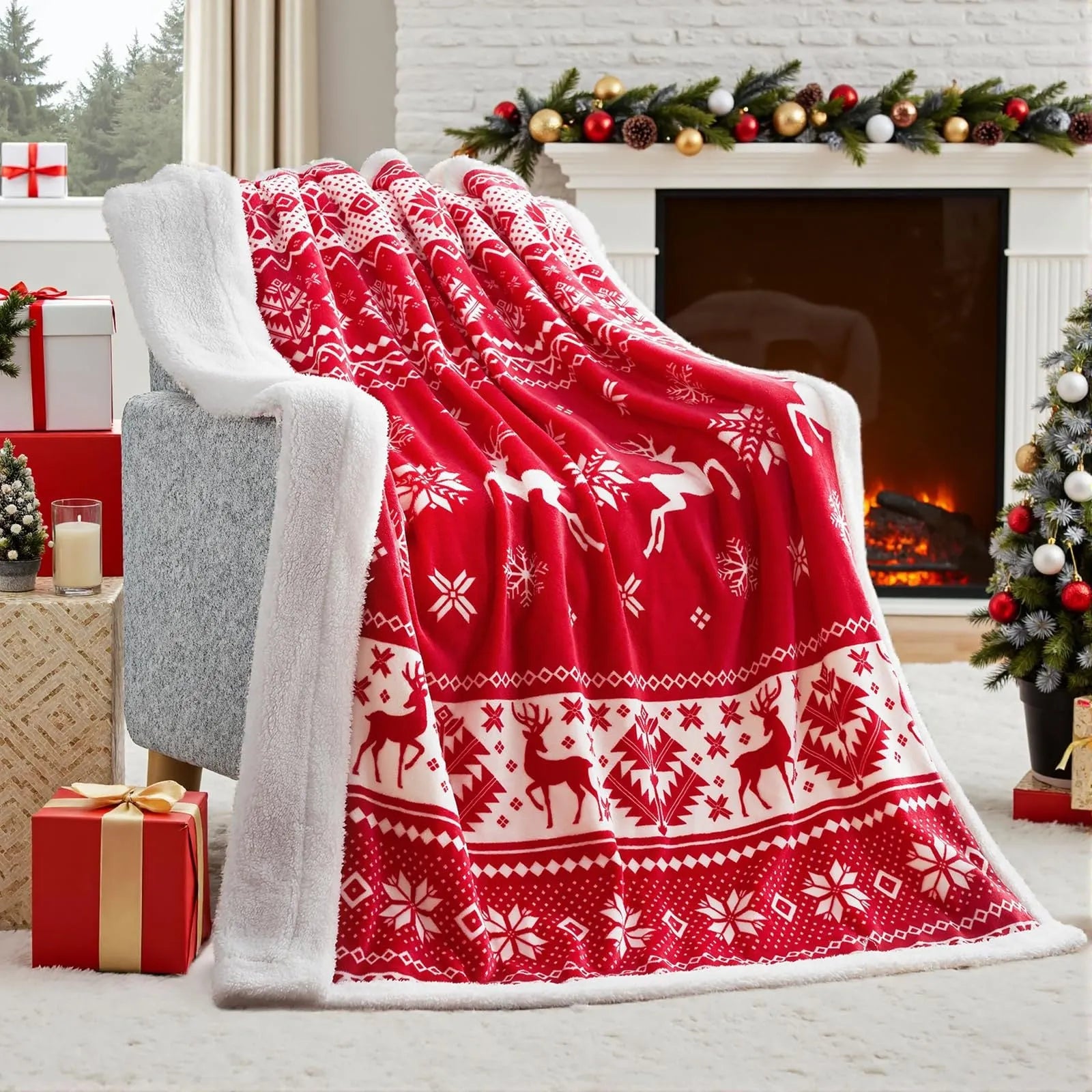 Soft flannel Christmas throw blanket in a choice of colours, folded to show texture.