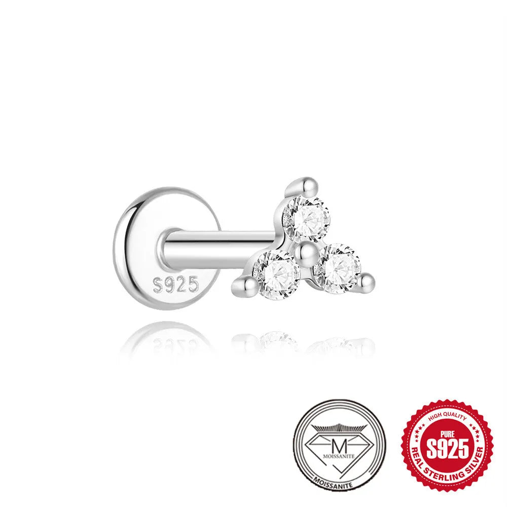 925 sterling silver geometric petal diamond stud earrings showing nose ring, triangle and circular styles