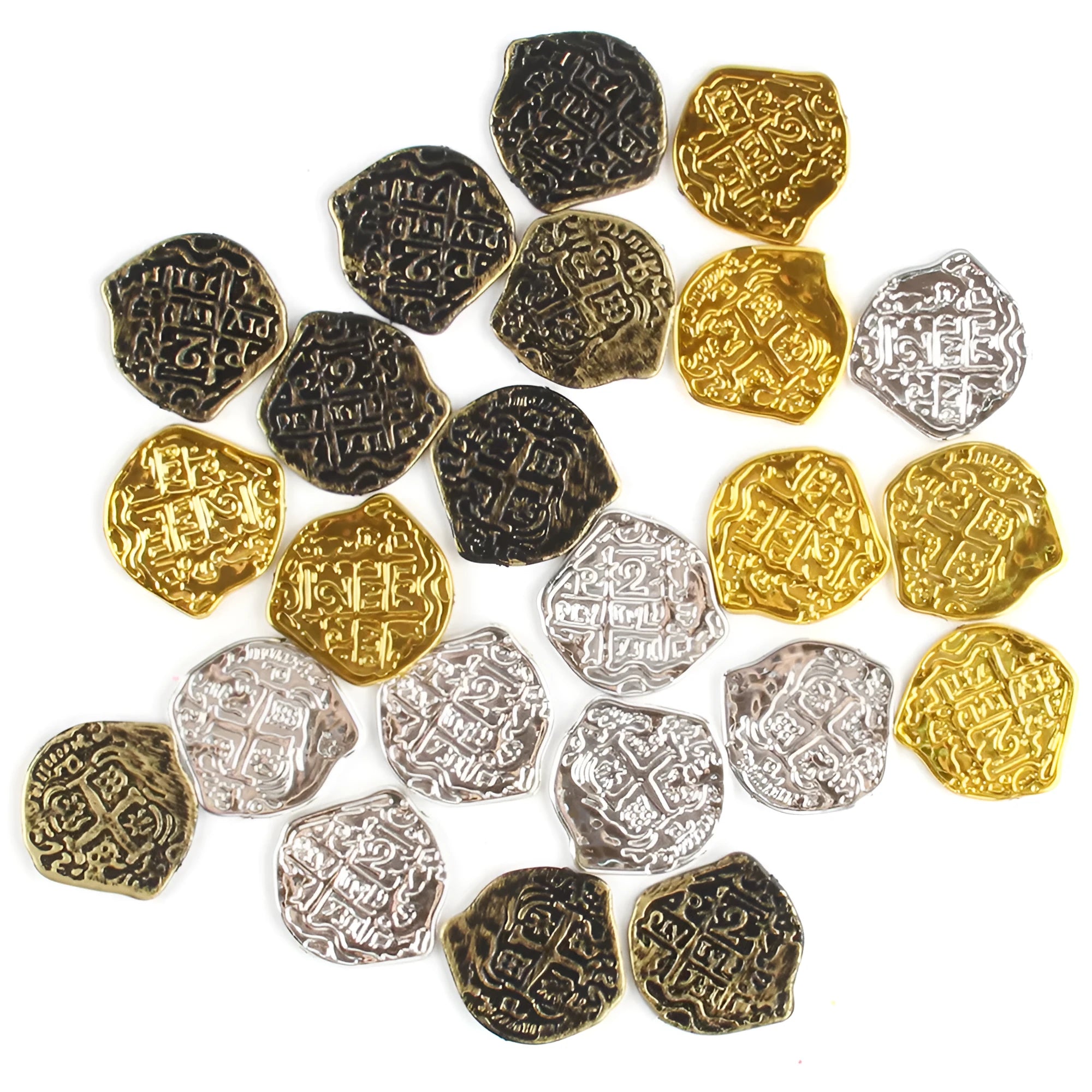 A pile of gold, silver, and bronze coloured plastic Roman coin replicas from a 100-coin bulk pack.