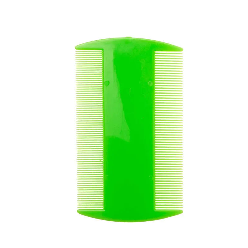 Close-up of a double-edged fine-tooth lice comb with coloured plastic handle and metal teeth.