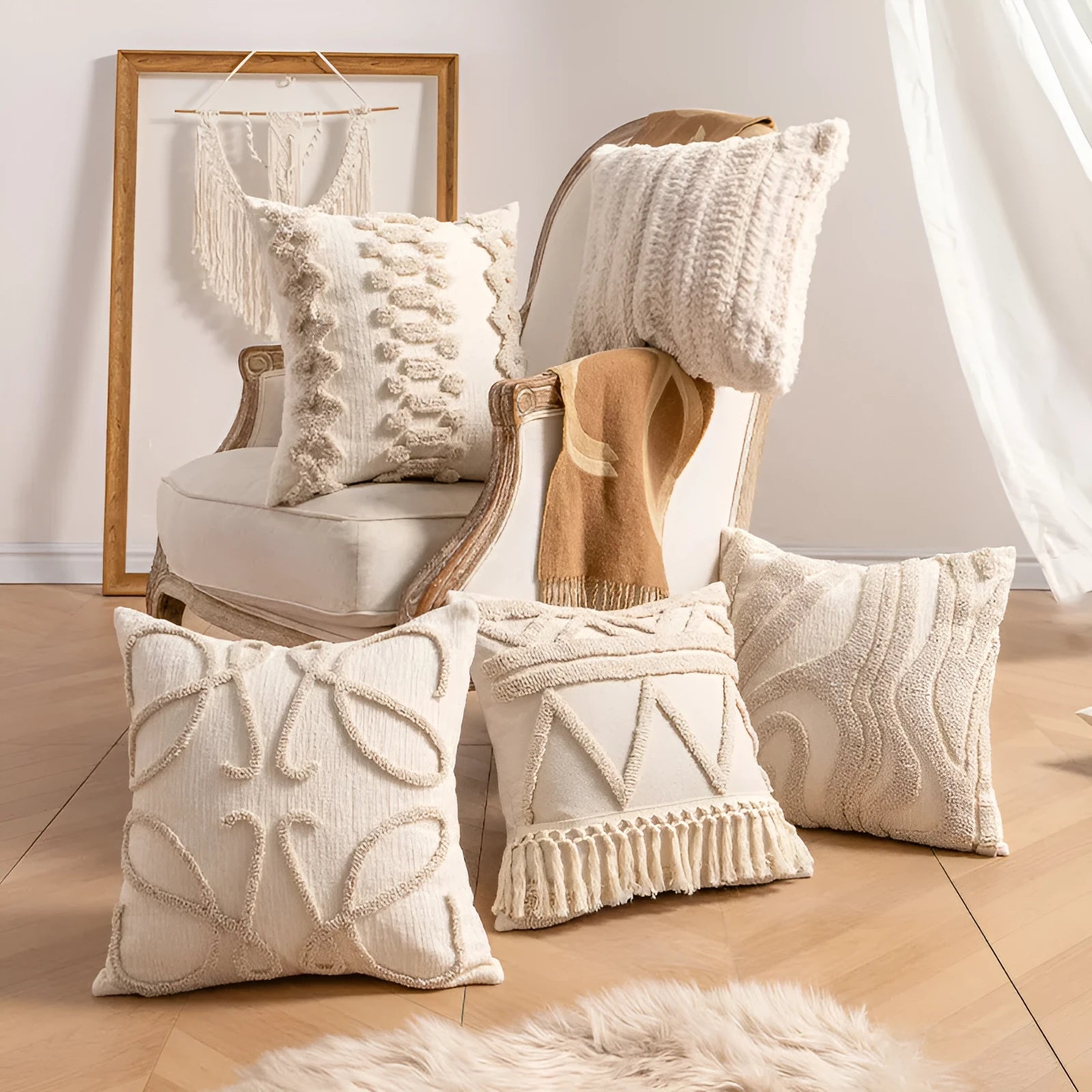 Knitted cushion cover with tassel edge detailing showing stripe pattern and pp cotton filler