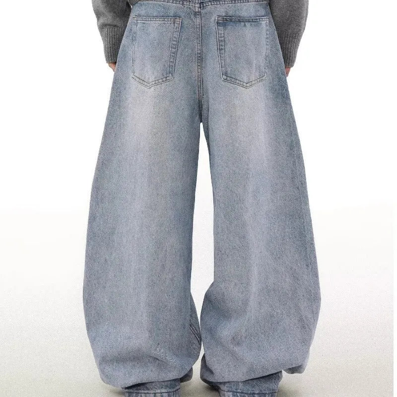 Blue retro washed distressed straight leg jeans with micro elastic cotton fabric and zipper fly