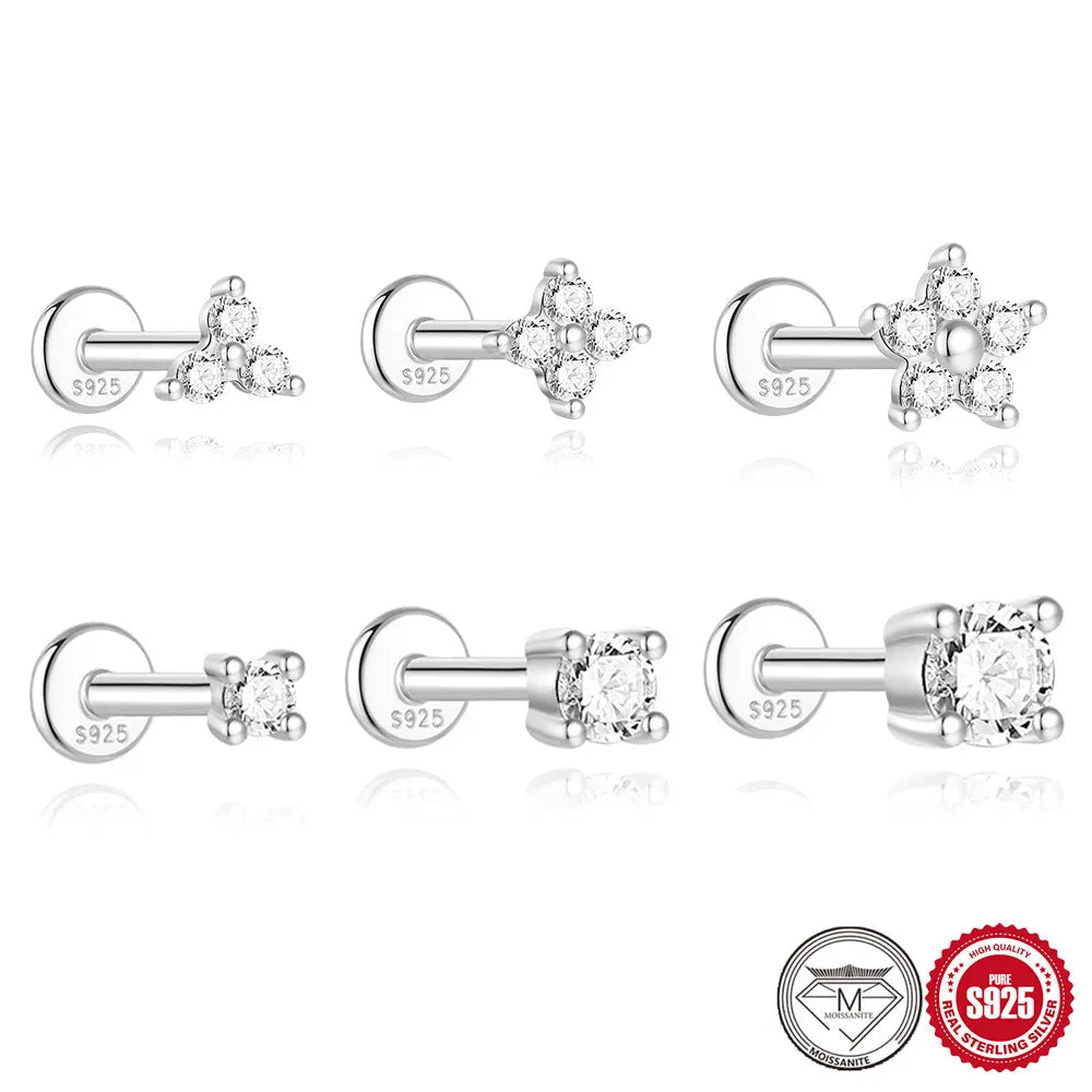 925 sterling silver geometric petal diamond stud earrings showing nose ring, triangle and circular styles