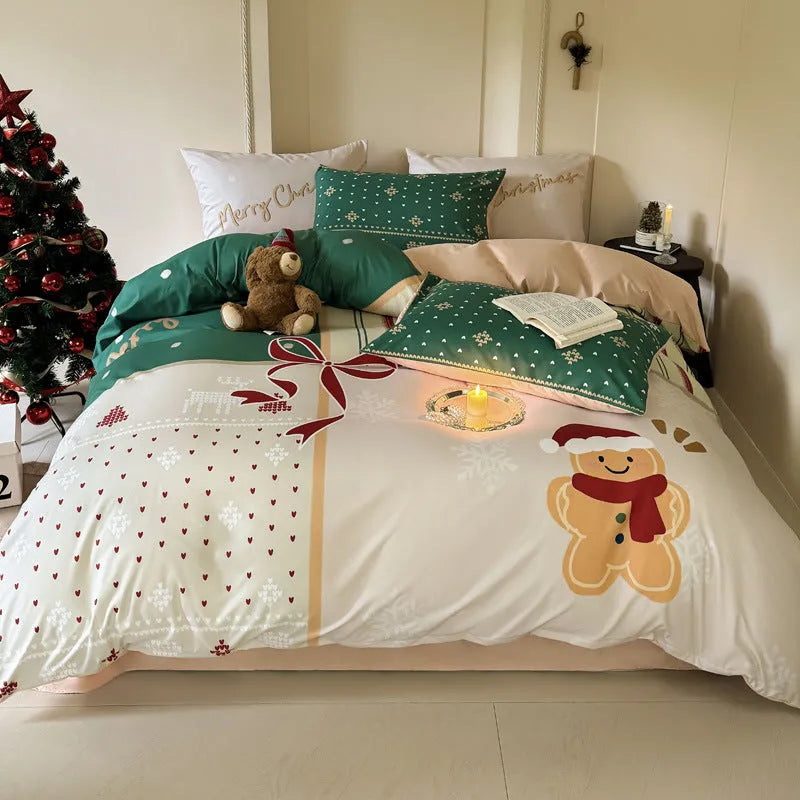 Christmas cartoon print bedding four-piece set on a bed, showing duvet cover and pillowcases in a festive pattern.