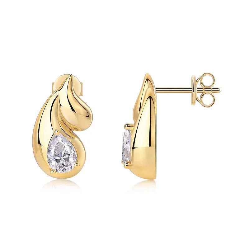 925 silver drop-shaped stud earrings with moissanite inlay, shown in 5x7mm and 2.5mm options