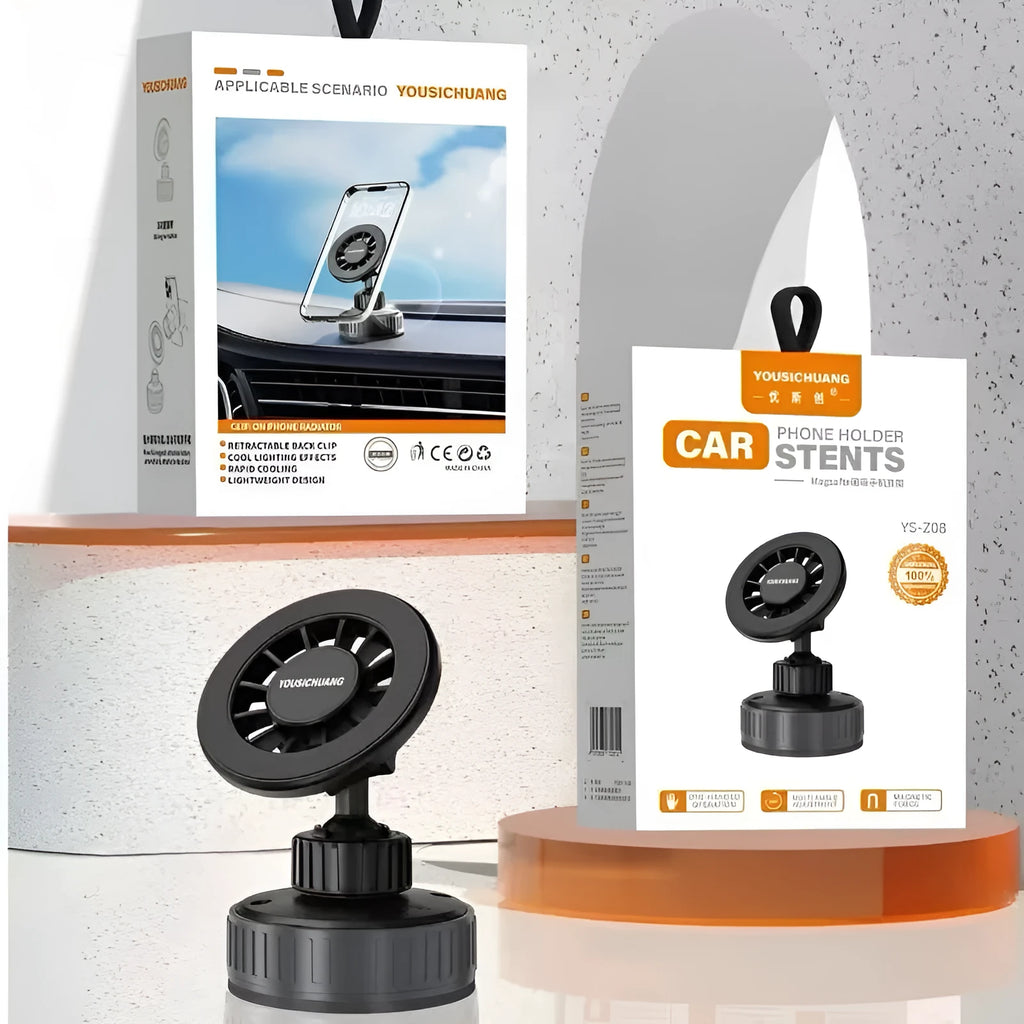 Black magnetic phone holder with 360-degree rotation and vacuum base on car dashboard