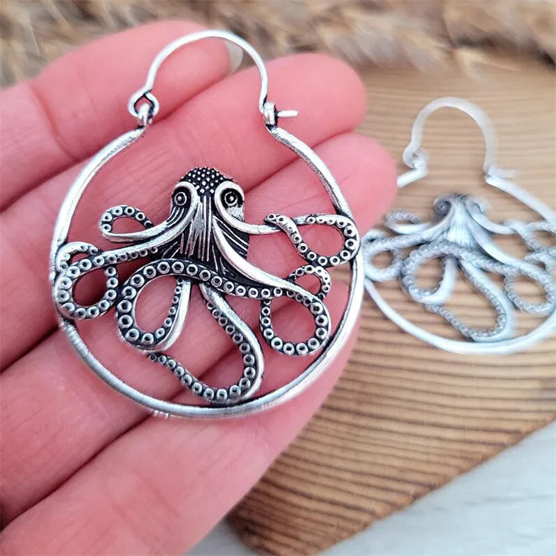 Vintage antique silver octopus earrings with electroplated finish