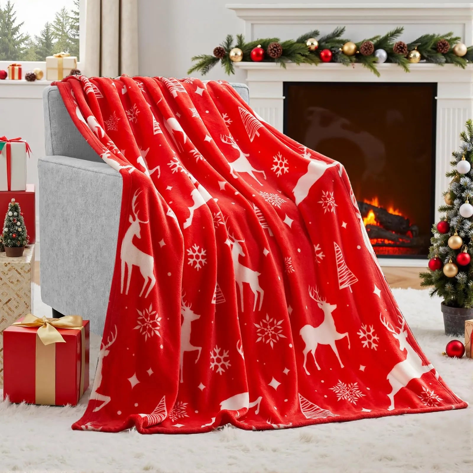Soft flannel plush Christmas blanket in an American style, available in multiple sizes and colours.