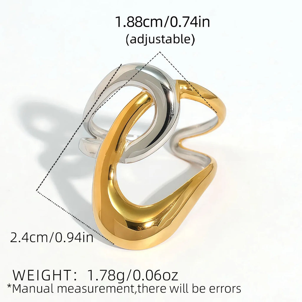 Geometric lines hollow out stainless steel ring with PVD gold plating on a neutral background