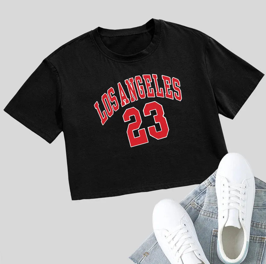 Black loose-fit cotton T-shirt with personalised white English letter print and a navel-revealing cut.