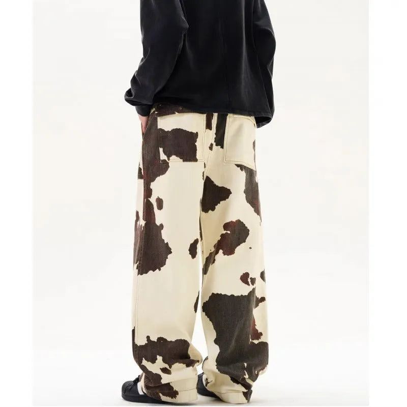 Men's casual trousers with retro cows pattern, straight-leg cut, and button fly opening