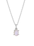 Close-up of a sterling silver necklace with a square moonstone pendant on an adjustable curb chain.