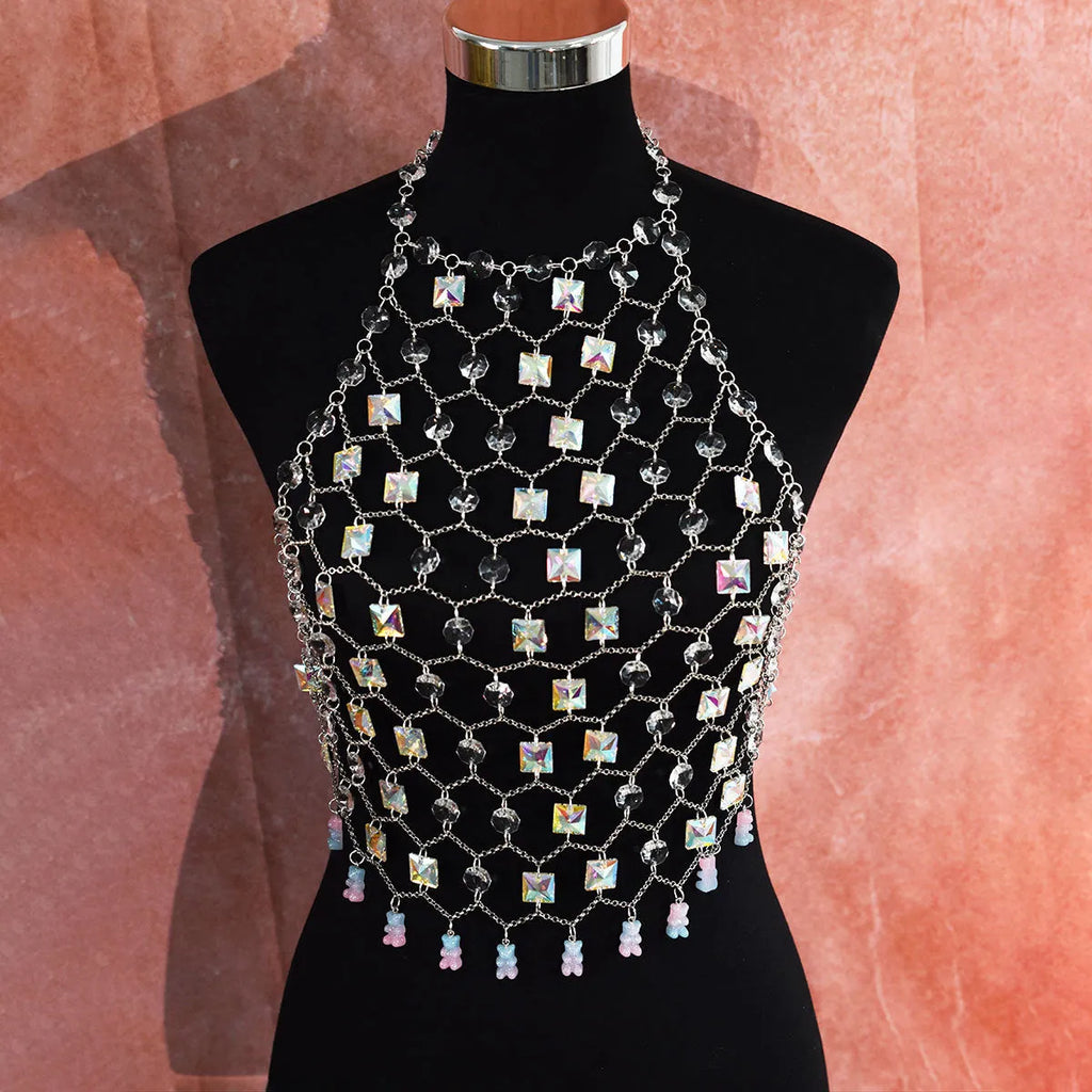 Transparent acrylic crystal sequins body chain chest necklace jewellery in hand-woven construction