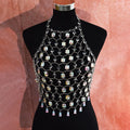 Transparent acrylic crystal sequins body chain chest necklace jewellery in hand-woven construction