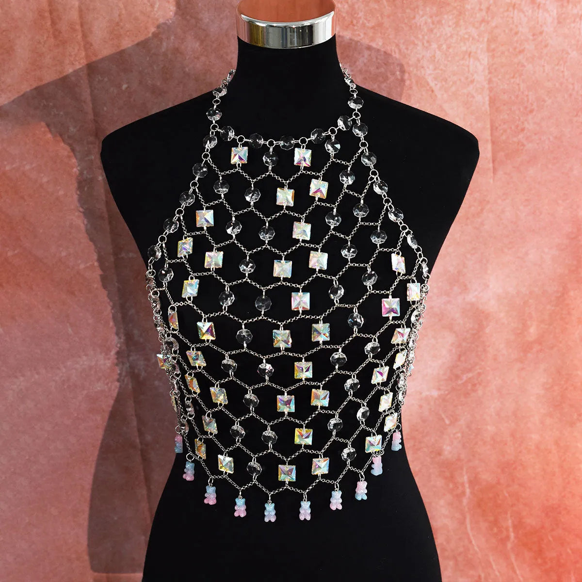 Transparent acrylic crystal sequins body chain chest necklace jewellery in hand-woven construction