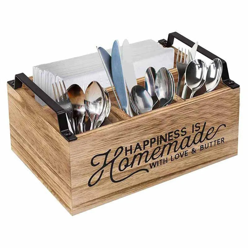 Large wooden kitchen storage box with internal grid divider for organising utensils.