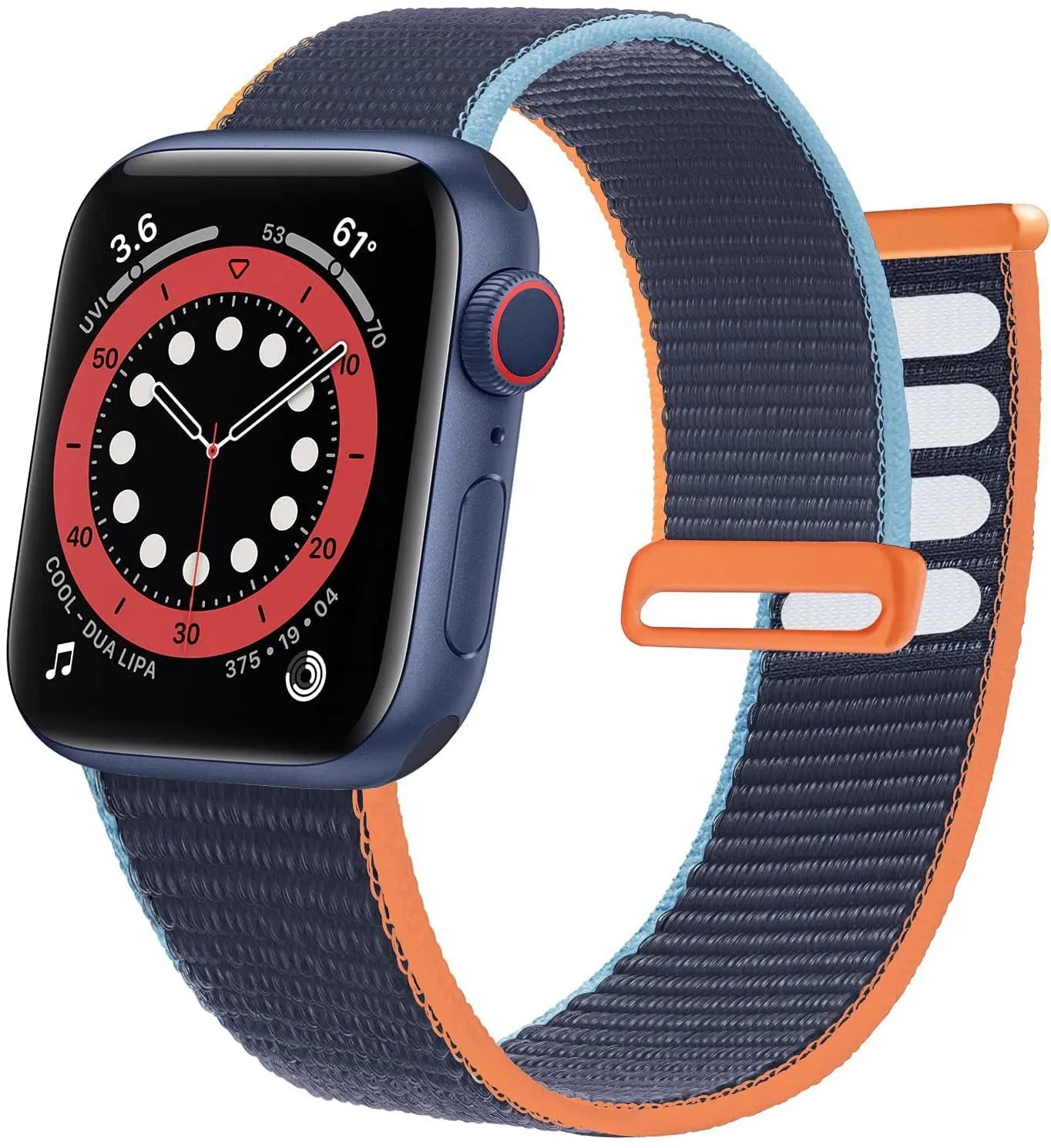 Woven nylon Apple Watch strap in multiple colours including reflective and rainbow patterns.