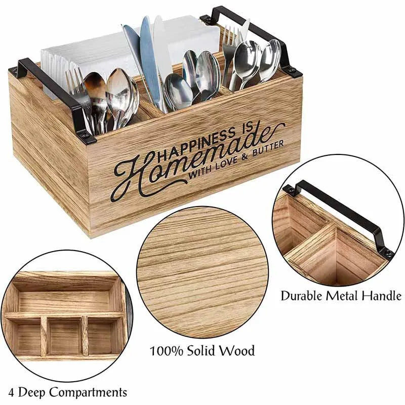 Large wooden kitchen storage box with internal grid divider for organising utensils.