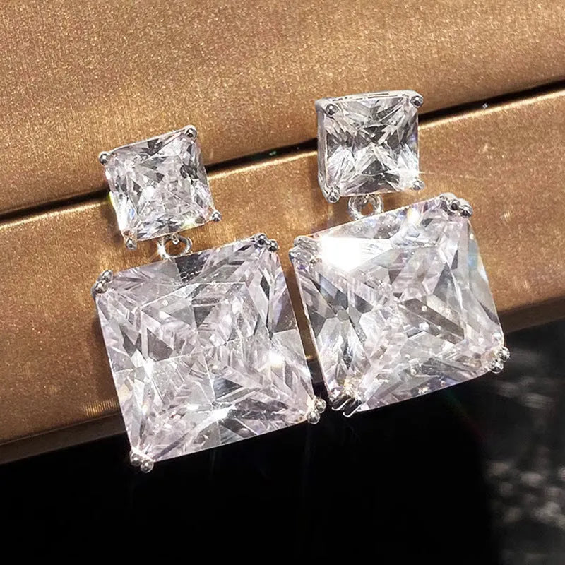 Geometric square copper earrings with quadrilateral design in gold or white gold plated finish