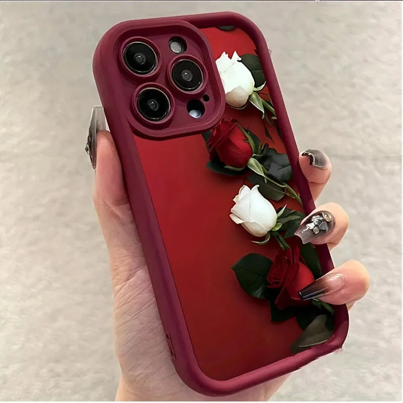 Frosted TPU phone case in wine red with white rose print for Apple iPhone