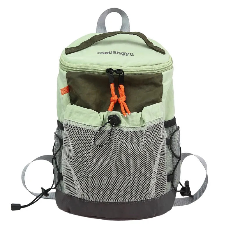 Waterproof nylon casual backpack in solid colour with curved shoulder straps and fold design details