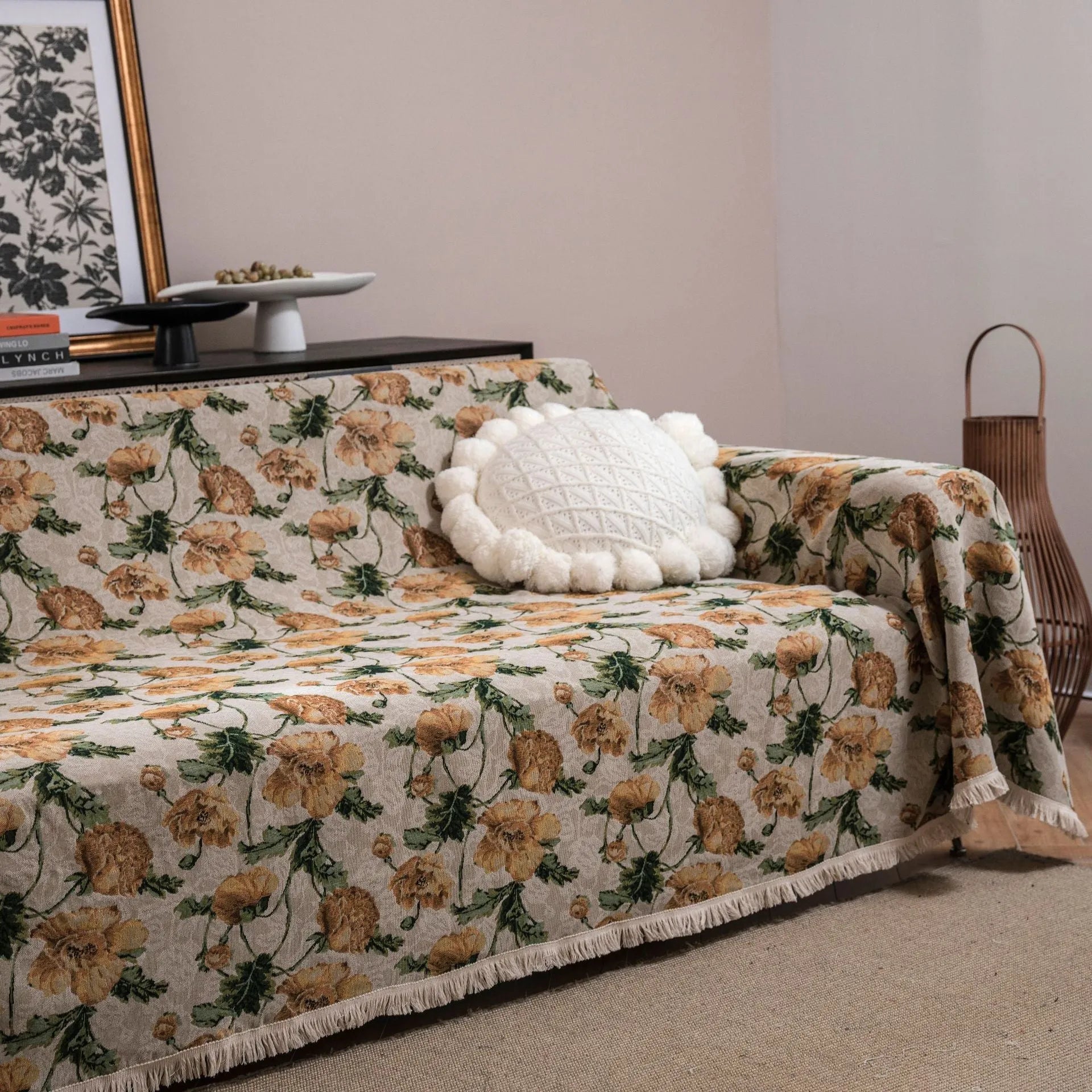 American country style jacquard sofa cover in polyester cotton fabric on a sofa.