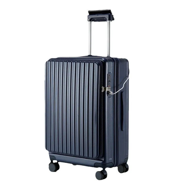 New ABS PC front-opening 20-inch business suitcase in dark night black with universal wheels