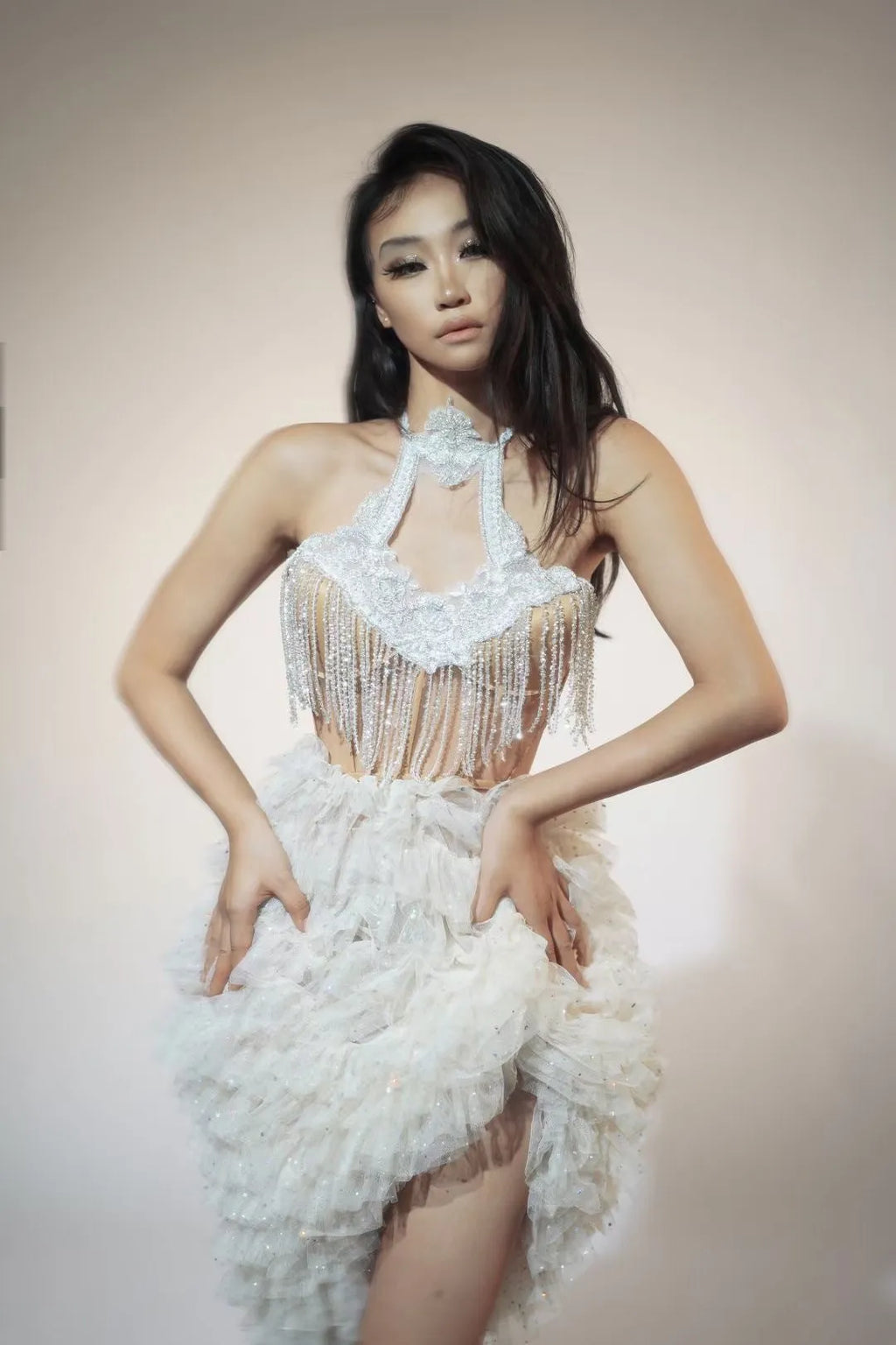 Shiny white tassel backless party dress set for women with top and short skirt