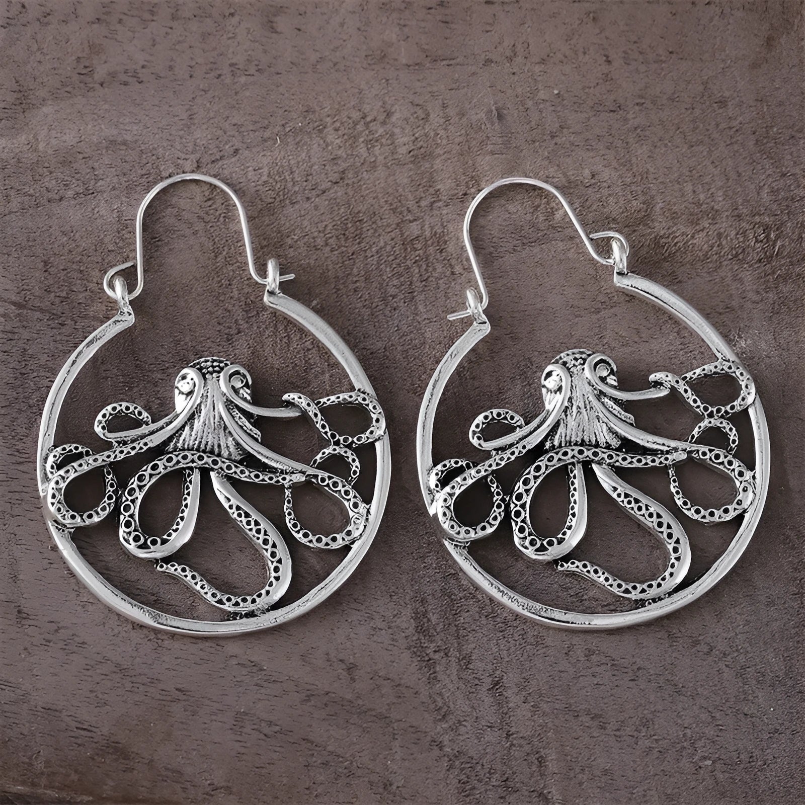 Vintage antique silver octopus earrings with electroplated finish