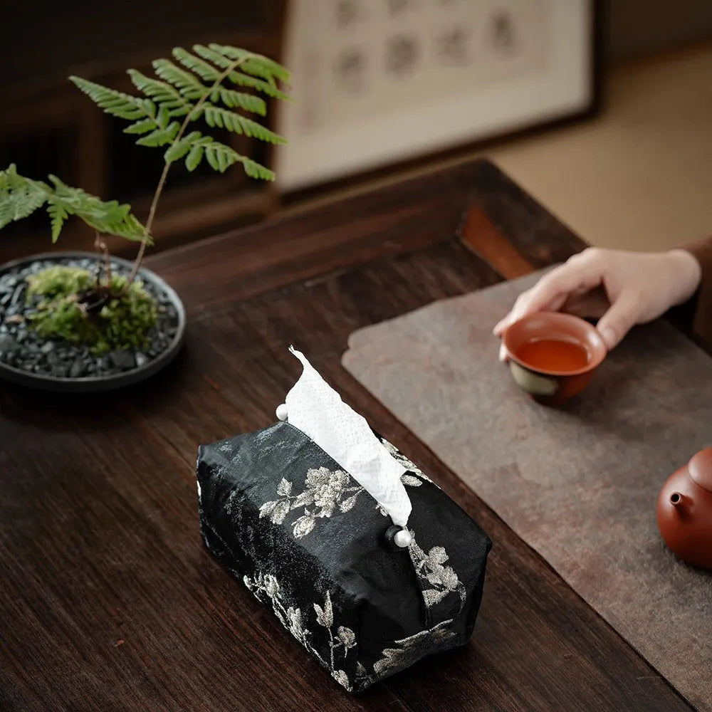 New Chinese polyester cloth tissue box cover, about 17 x 6.5 x 10 cm, white pearl buckle option