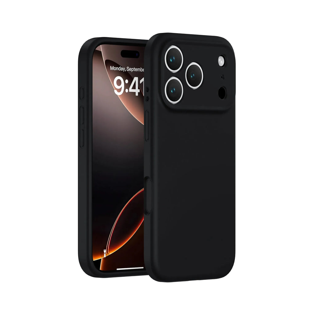 Simple solid colour liquid silicone phone case in antique white, fitted on an iPhone 17, showing shockproof and anti-fingerprint finish