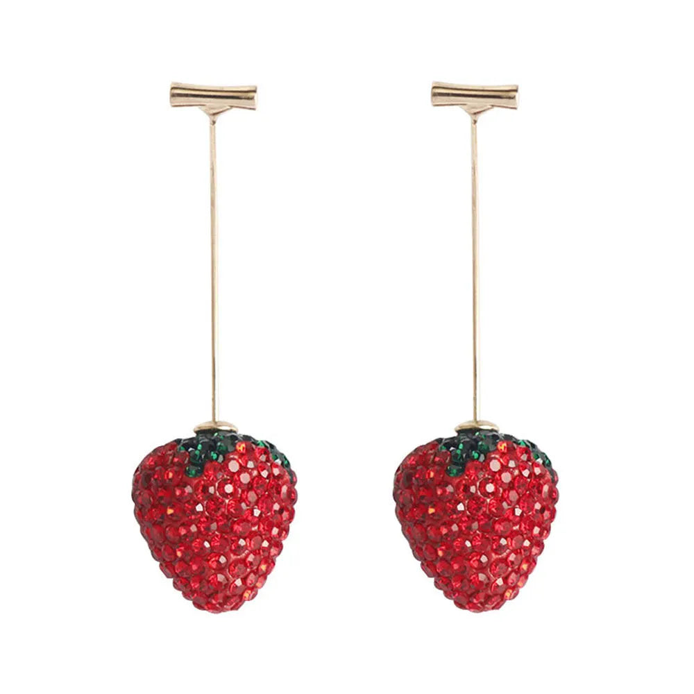 Geometric strawberry-shaped zinc alloy earrings with spot drill texture, shown in red finish with butterfly clasps.