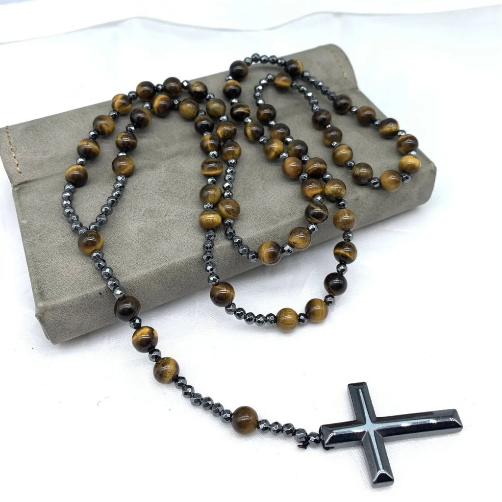 Stone cross pendant necklace with geometric design on 80cm bead chain