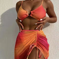 Women's orange three-piece swimsuit with loop buckle hollow suspender and printed gradient pattern