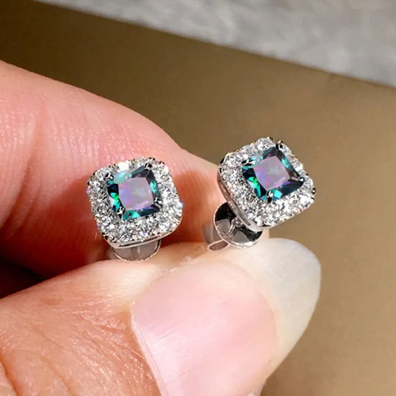 Square green zircon earrings with gold electroplated setting on copper base