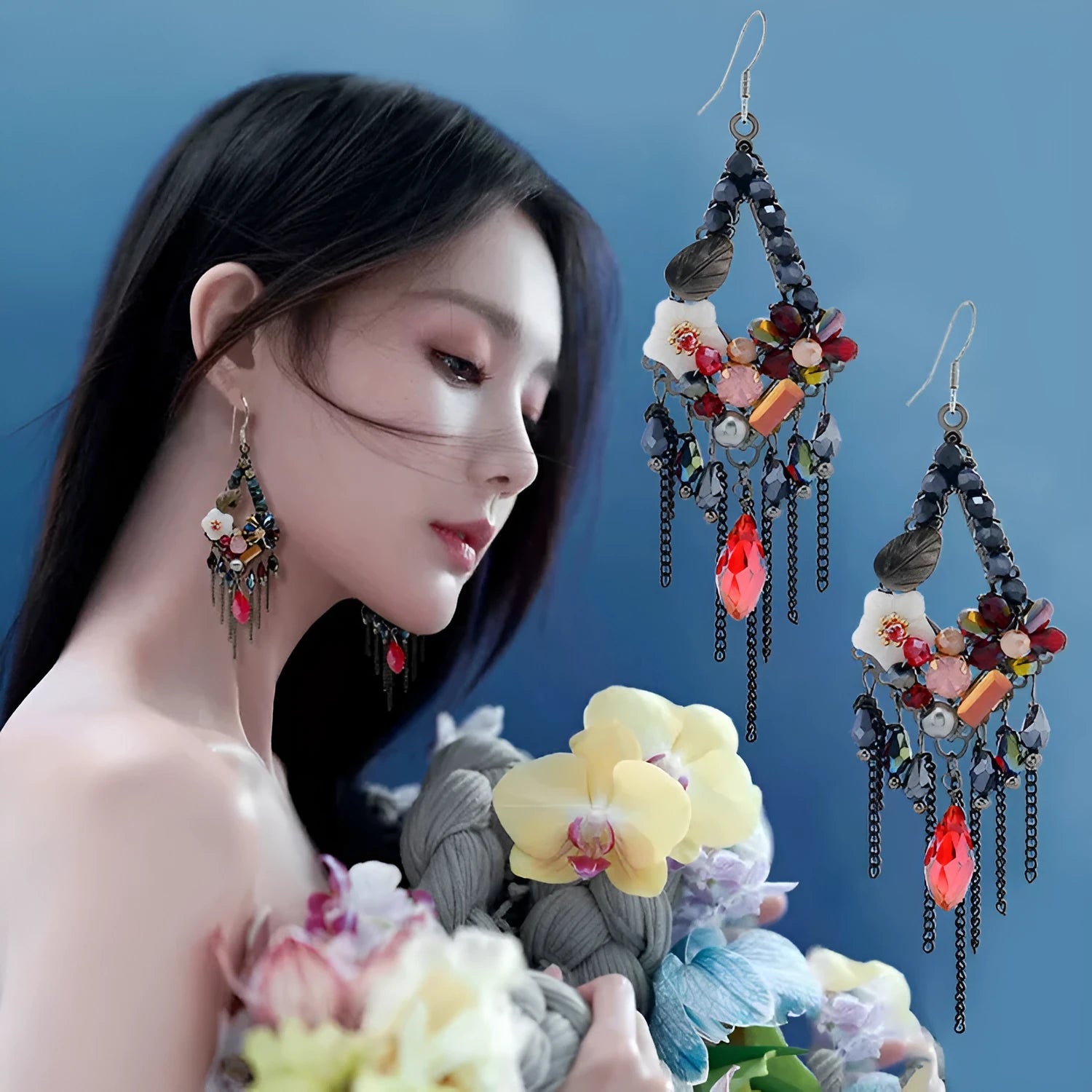 Bohemian style long earrings with hand-woven crystal details and alloy framework