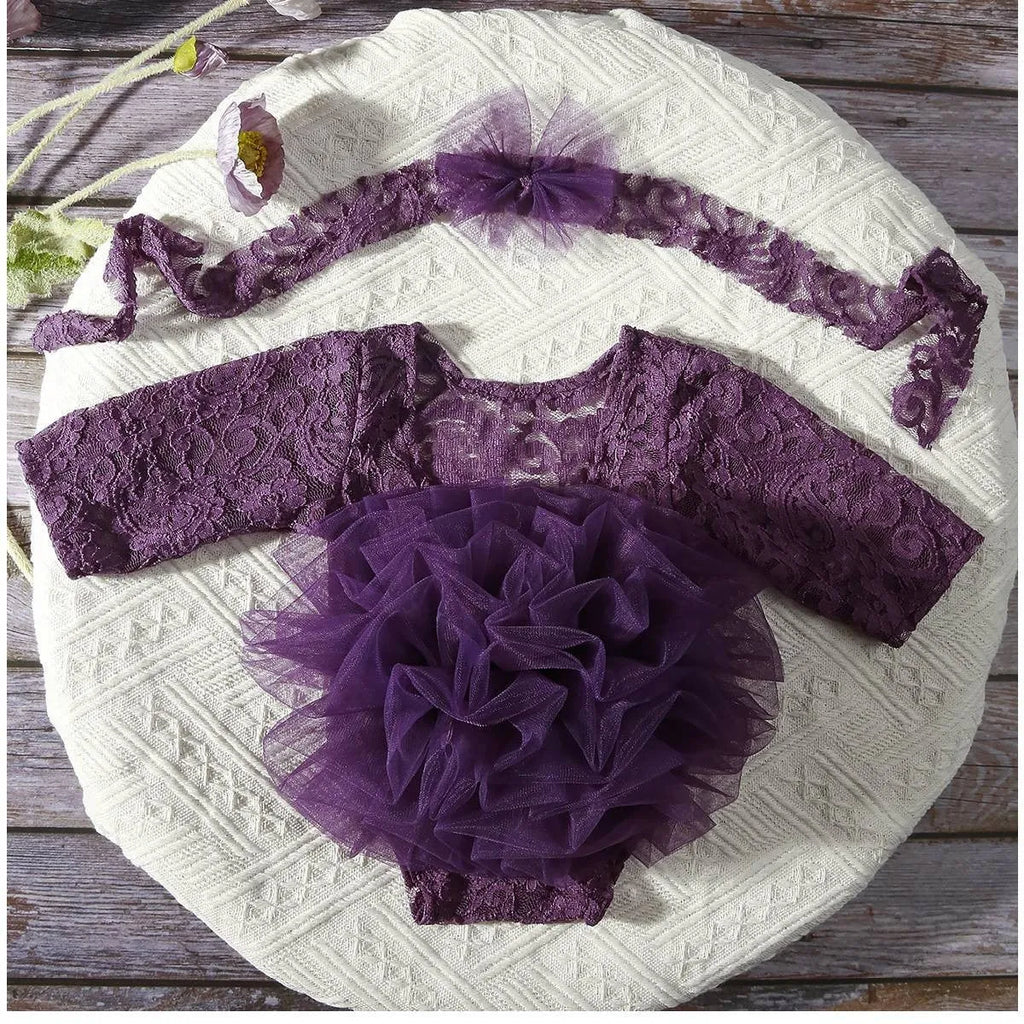 Newborn two-piece set with lace puff gauze skirt and flower headdress in pink, white, or purple