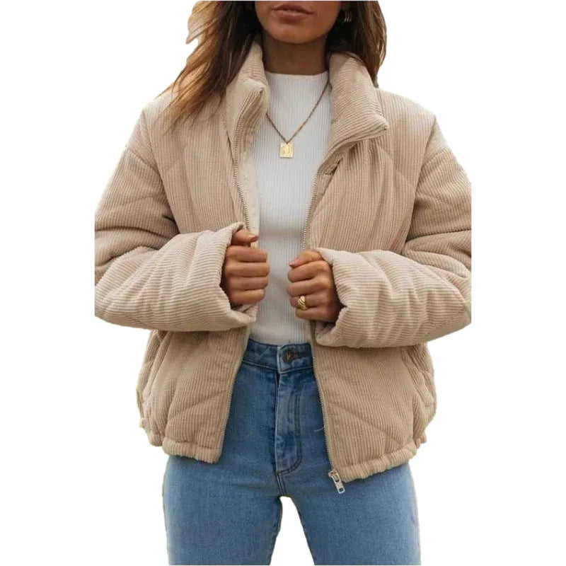 Apricot women's corduroy jacket with stand collar and full-length zipper