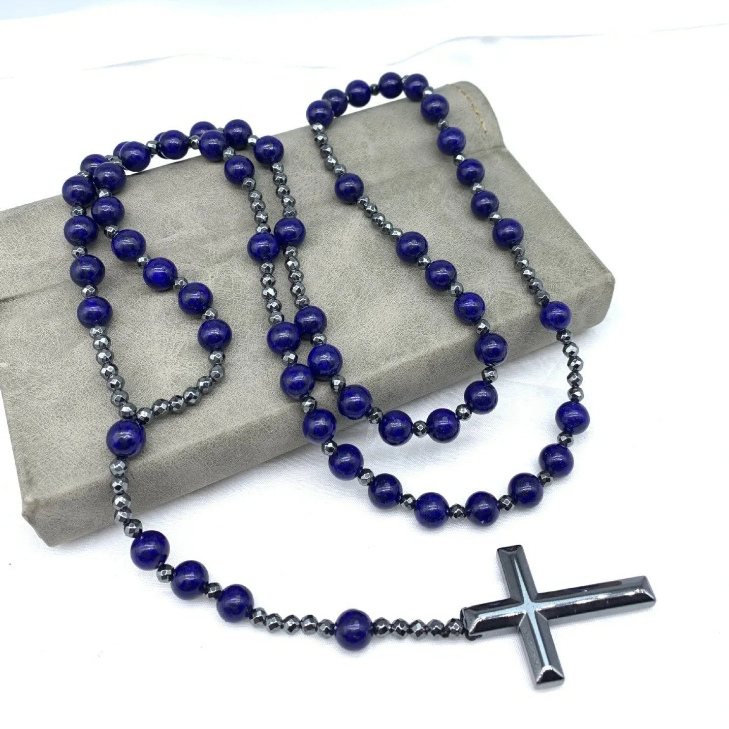 Stone cross pendant necklace with geometric design on 80cm bead chain