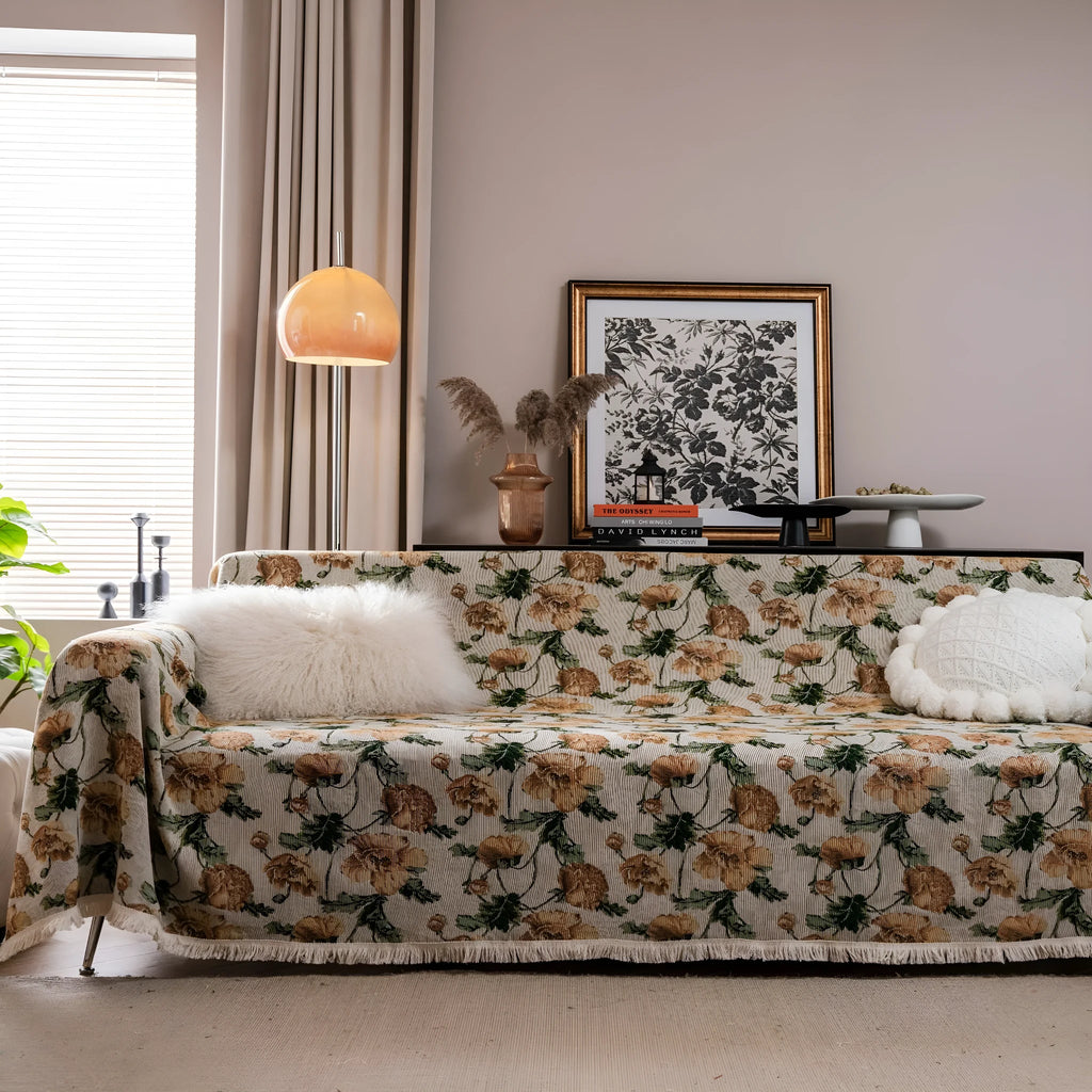American country style jacquard sofa cover in polyester cotton fabric on a sofa.