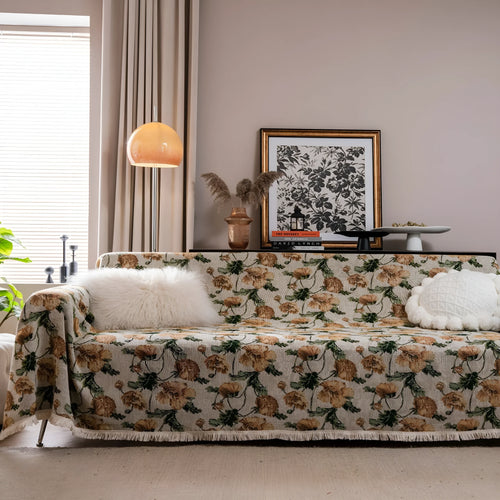 American country style jacquard sofa cover in polyester cotton fabric on a sofa.