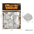 A pile of gold, silver, and bronze coloured plastic Roman coin replicas from a 100-coin bulk pack.