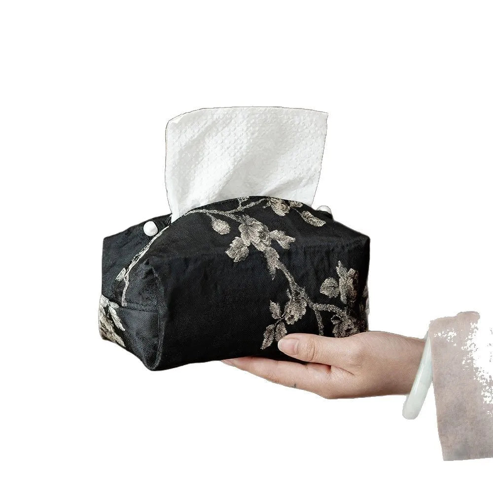 New Chinese polyester cloth tissue box cover, about 17 x 6.5 x 10 cm, white pearl buckle option