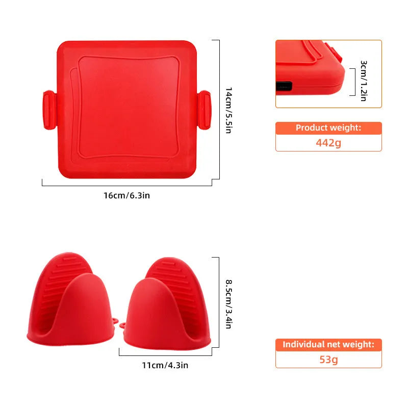 Red silicone baking tray with integrated anti-scald handbag grips and matching oven gloves