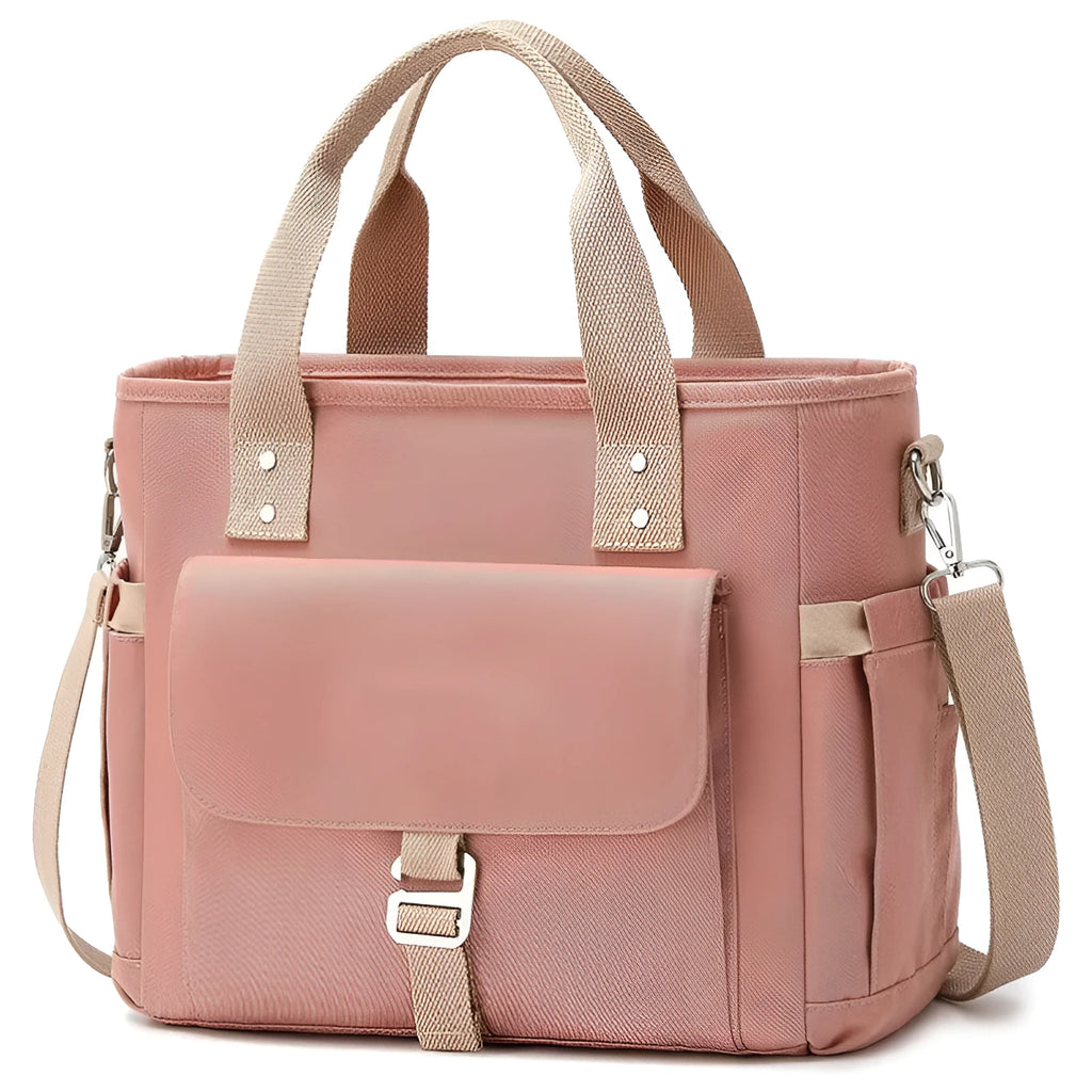Portable cube-shaped Oxford cloth picnic bag with a removable shoulder strap and side pocket.