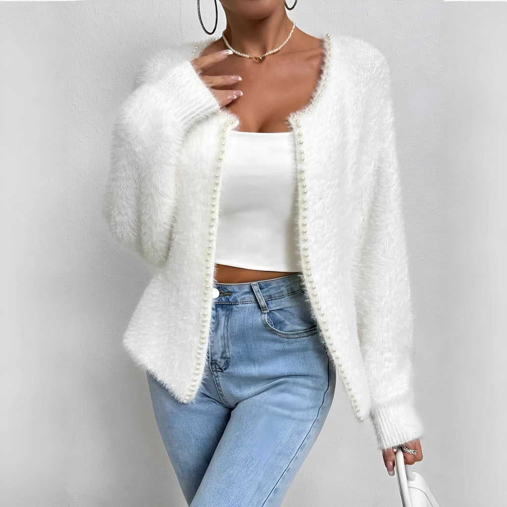 White women's cardigan with V-neck and bead decoration, medium thickness polyester fabric