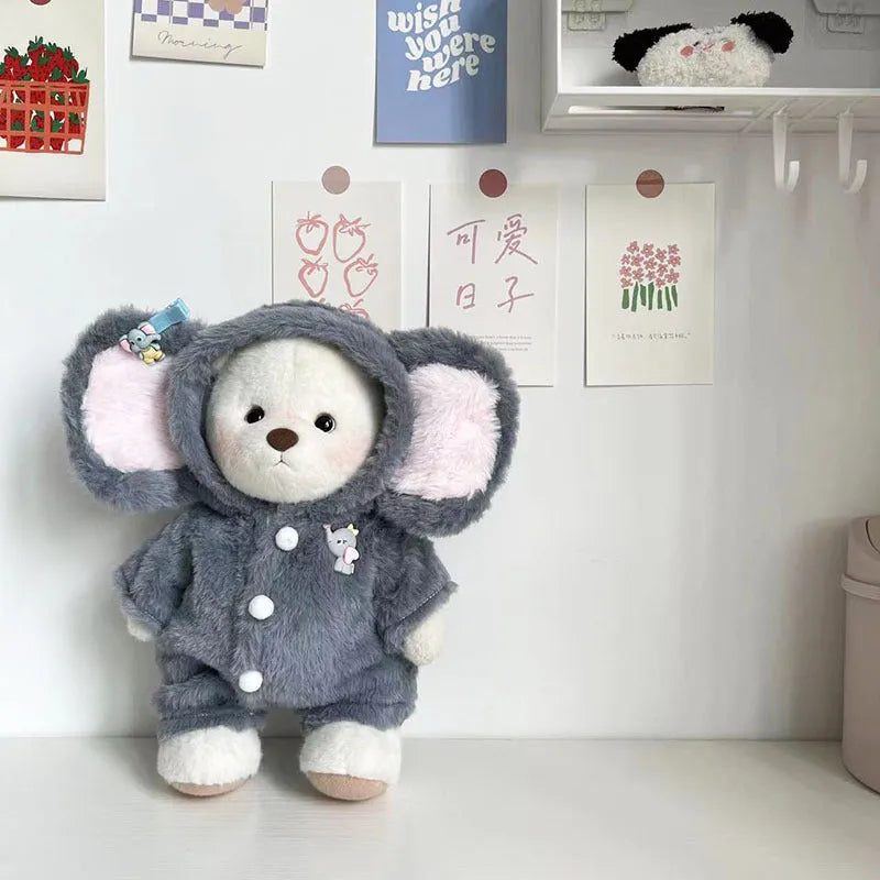 Grey elephant print plush jumpsuit for a 30cm tall doll or teddy bear.