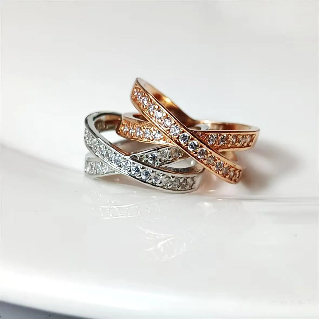 Copper ring with a metal cross design, micro-inlaid zircon, and electroplated silver or rose gold finish.